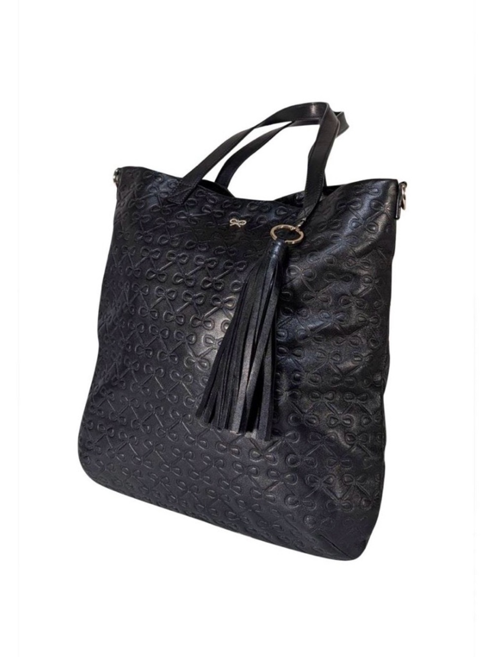 Anya Hindmarch Classic Leather Embossed Bow Tassel Tote with Crossbody Strap